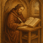 An illustration of a monk studying the bible